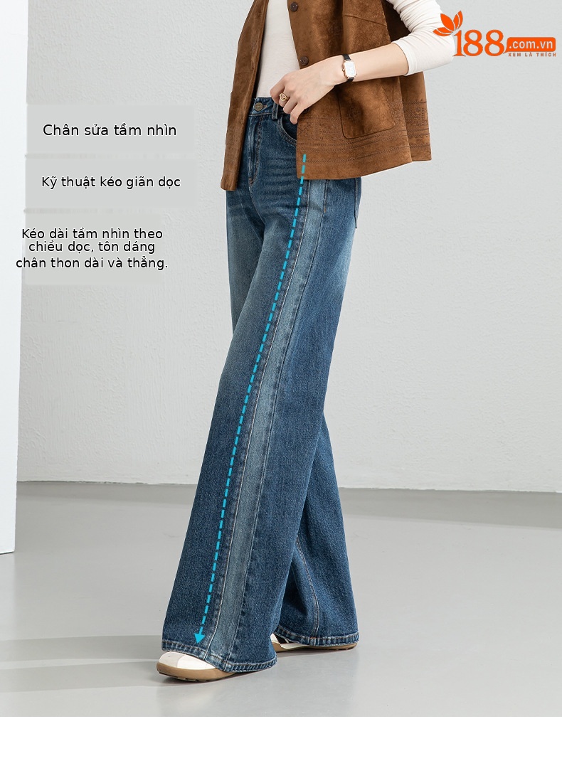 Quần jean nữ ống rộng cạp cao phong cách thiết kế mới, phối màu tạo hiệu ứng thon gọn, xanh lam — xanh lam chi tiết 3