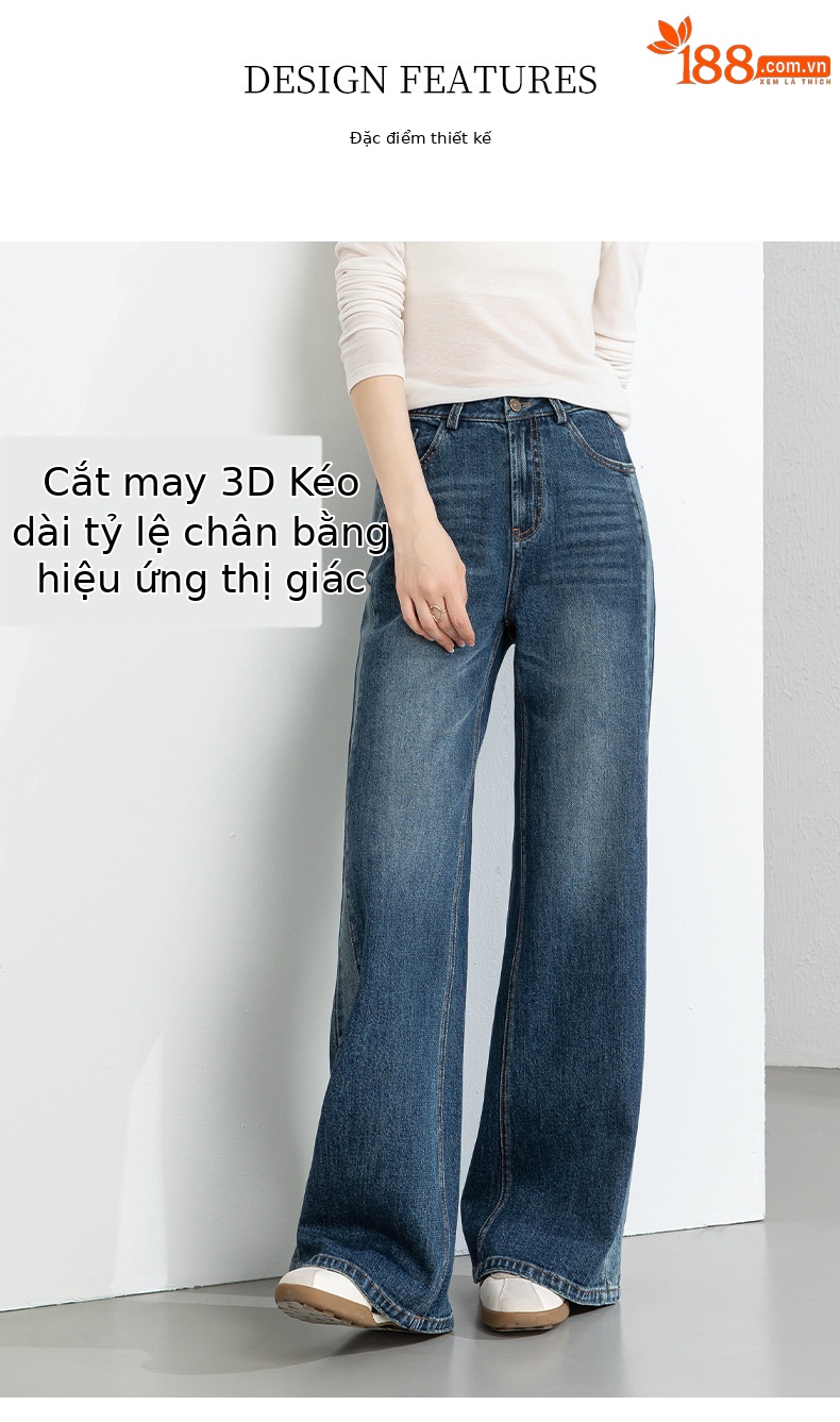 Quần jean nữ ống rộng cạp cao phong cách thiết kế mới, phối màu tạo hiệu ứng thon gọn, xanh lam — xanh lam chi tiết 5