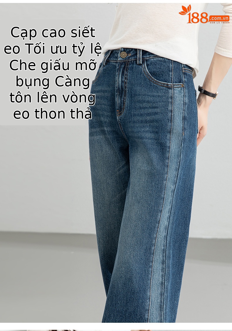 Quần jean nữ ống rộng cạp cao phong cách thiết kế mới, phối màu tạo hiệu ứng thon gọn, xanh lam — xanh lam chi tiết 7