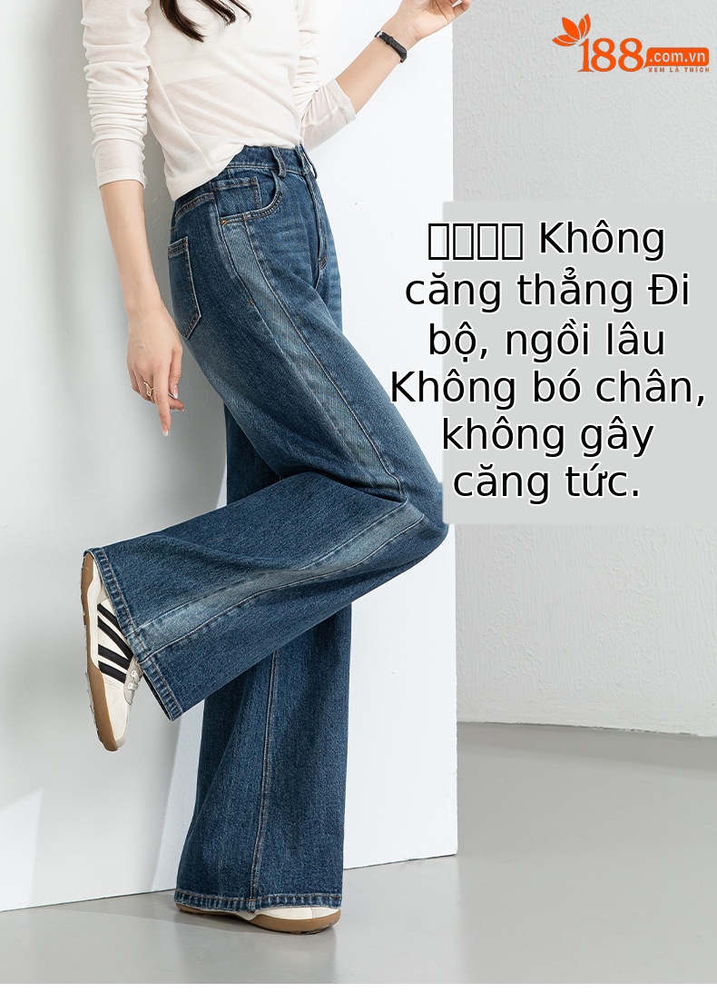 Quần jean nữ ống rộng cạp cao phong cách thiết kế mới, phối màu tạo hiệu ứng thon gọn, xanh lam — xanh lam chi tiết 8