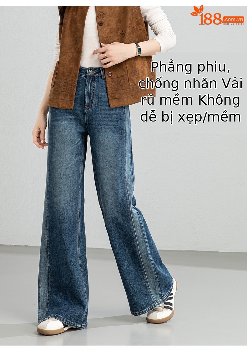 Quần jean nữ ống rộng cạp cao phong cách thiết kế mới, phối màu tạo hiệu ứng thon gọn, xanh lam — xanh lam chi tiết 10