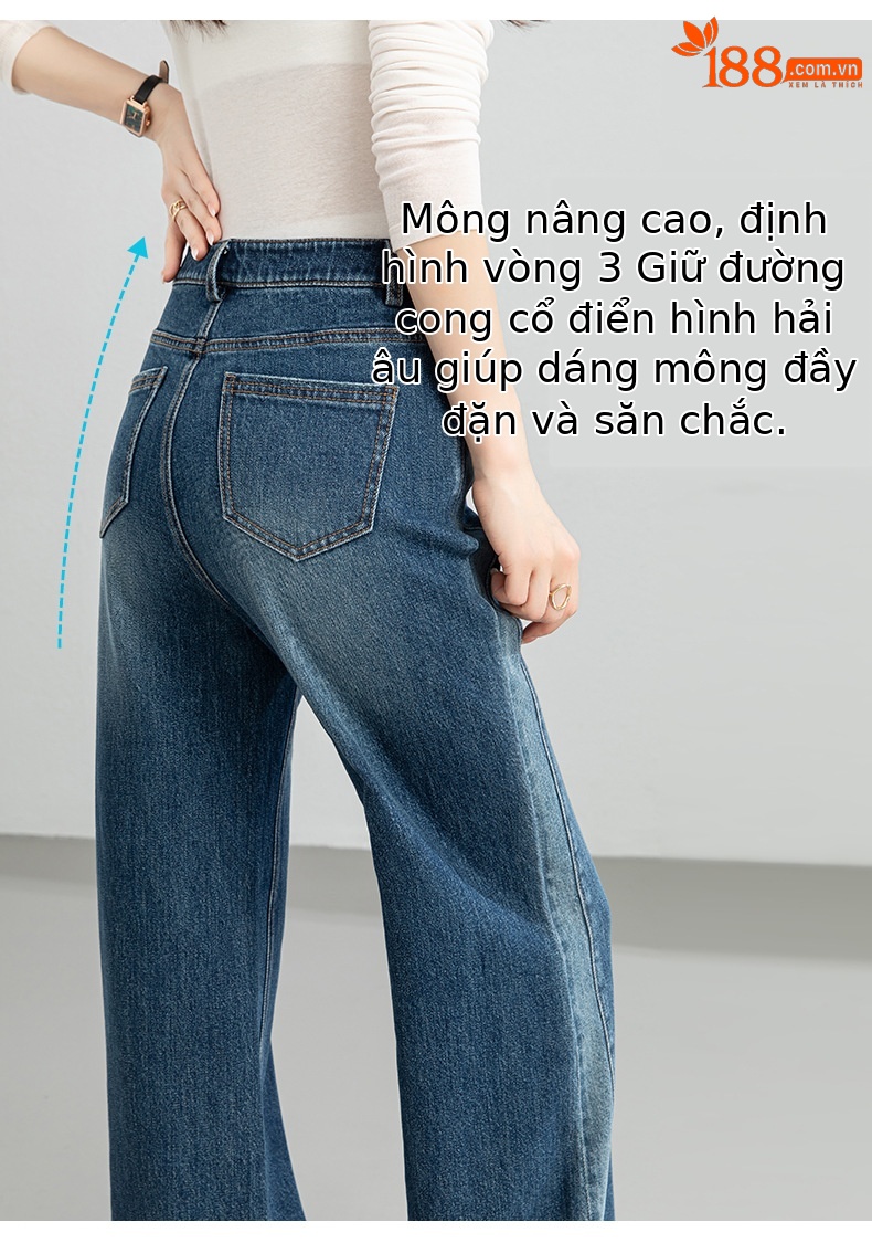 Quần jean nữ ống rộng cạp cao phong cách thiết kế mới, phối màu tạo hiệu ứng thon gọn, xanh lam — xanh lam chi tiết 11