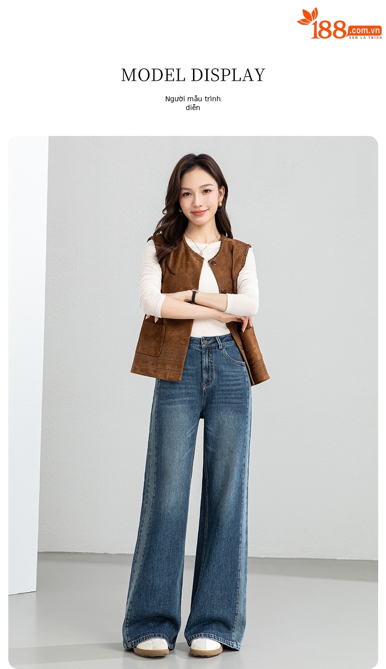 Quần jean nữ ống rộng cạp cao phong cách thiết kế mới, phối màu tạo hiệu ứng thon gọn, xanh lam — xanh lam chi tiết 16