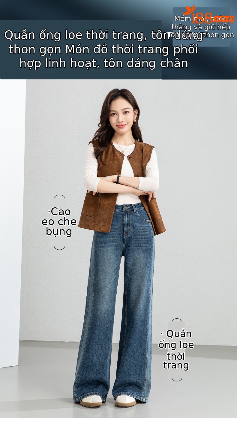 Quần jean nữ ống rộng cạp cao phong cách thiết kế mới, phối màu tạo hiệu ứng thon gọn, xanh lam — xanh lam chi tiết 1