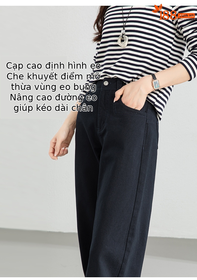 Quần jean nữ ống rộng eo cao kiểu Mỹ, dáng suông rũ thẳng, phong cách mùa xuân — Xanh lông mòng đen chi tiết 9