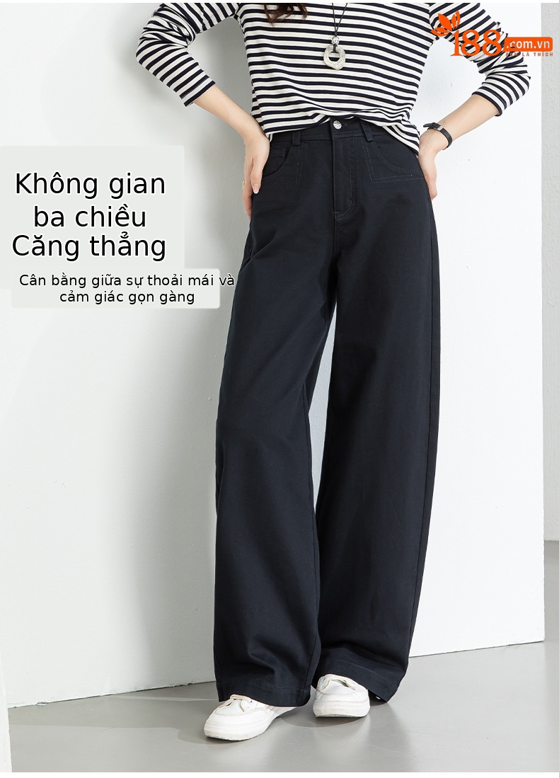 Quần jean nữ ống rộng eo cao kiểu Mỹ, dáng suông rũ thẳng, phong cách mùa xuân — Xanh lông mòng đen chi tiết 11