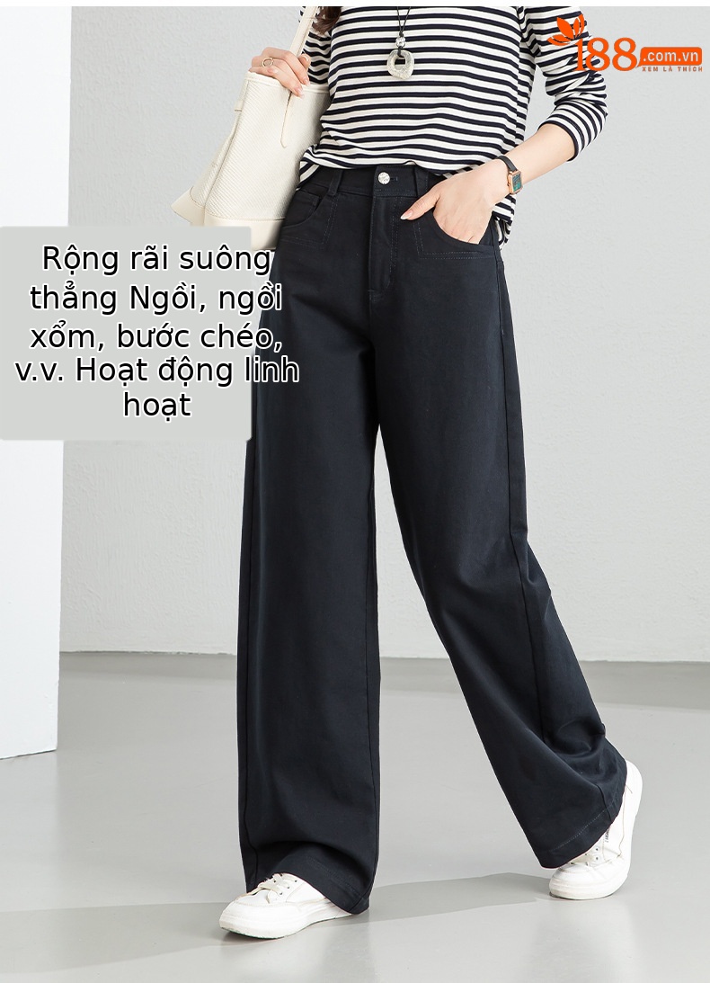 Quần jean nữ ống rộng eo cao kiểu Mỹ, dáng suông rũ thẳng, phong cách mùa xuân — Xanh lông mòng đen chi tiết 13