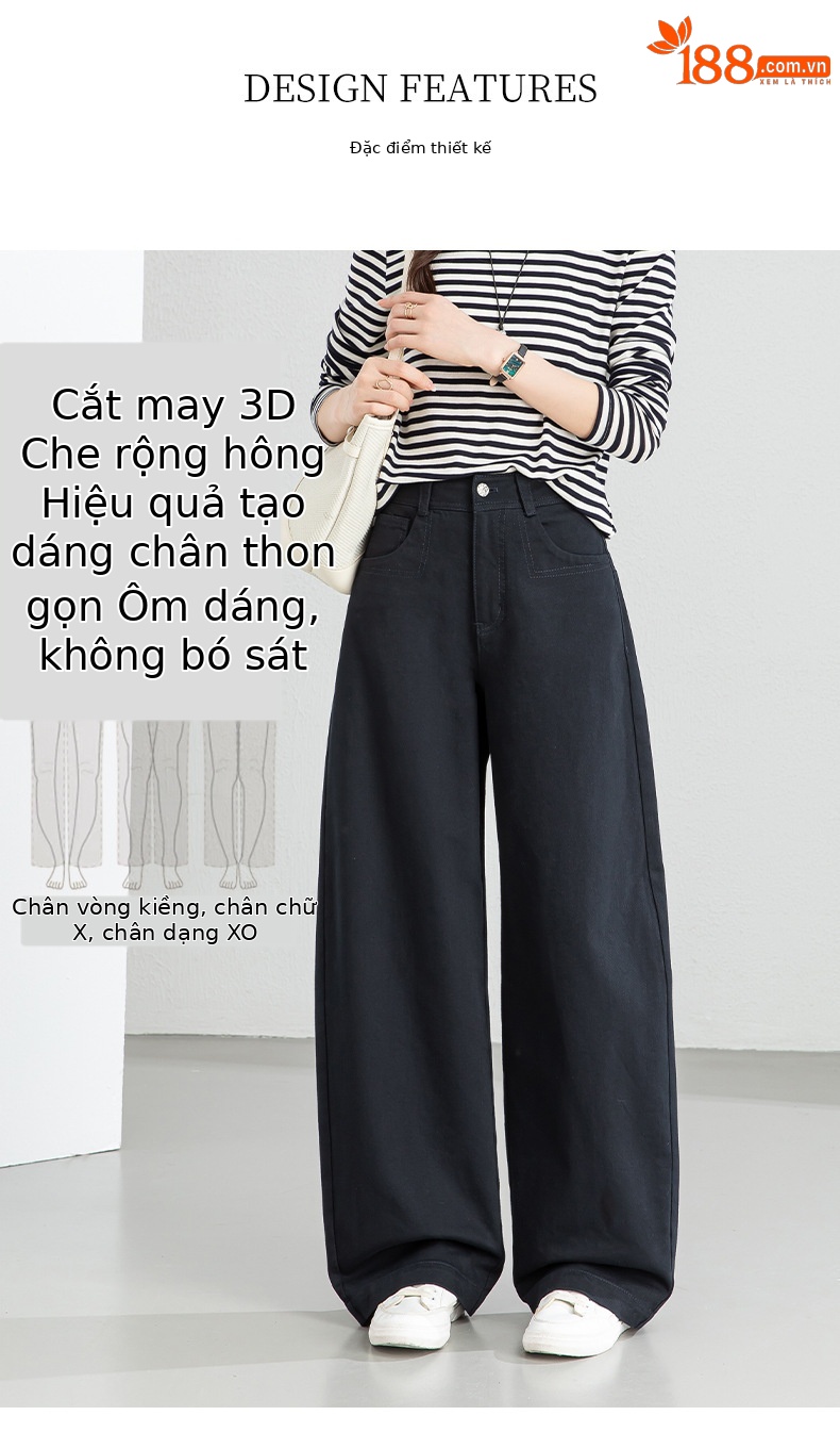 Quần jean nữ ống rộng eo cao kiểu Mỹ, dáng suông rũ thẳng, phong cách mùa xuân — Xanh lông mòng đen chi tiết 7