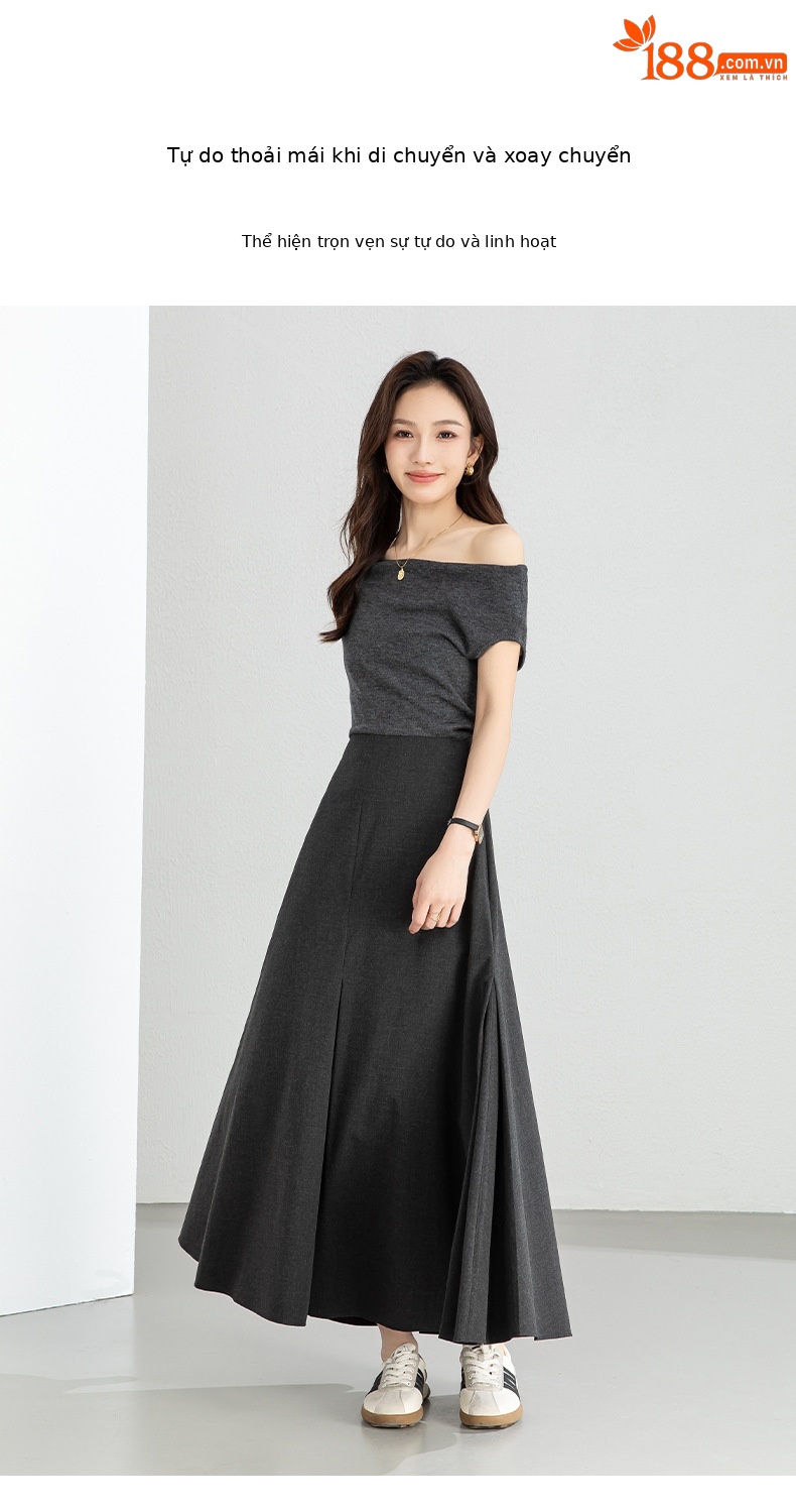 Chân váy xếp ly nữ eo cao dáng chữ A, kiểu dáng suông rộng thanh lịch — Xám cacbon chi tiết 3