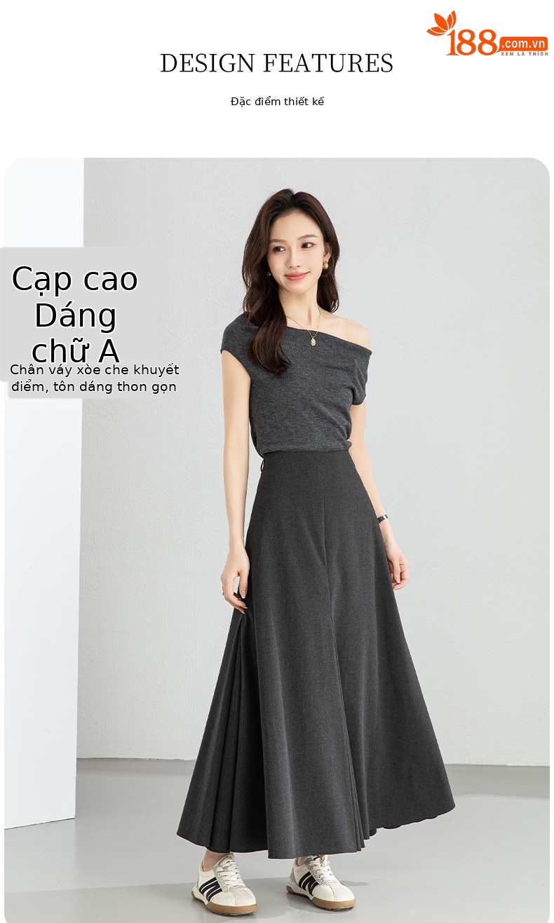 Chân váy xếp ly nữ eo cao dáng chữ A, kiểu dáng suông rộng thanh lịch — Xám cacbon chi tiết 4