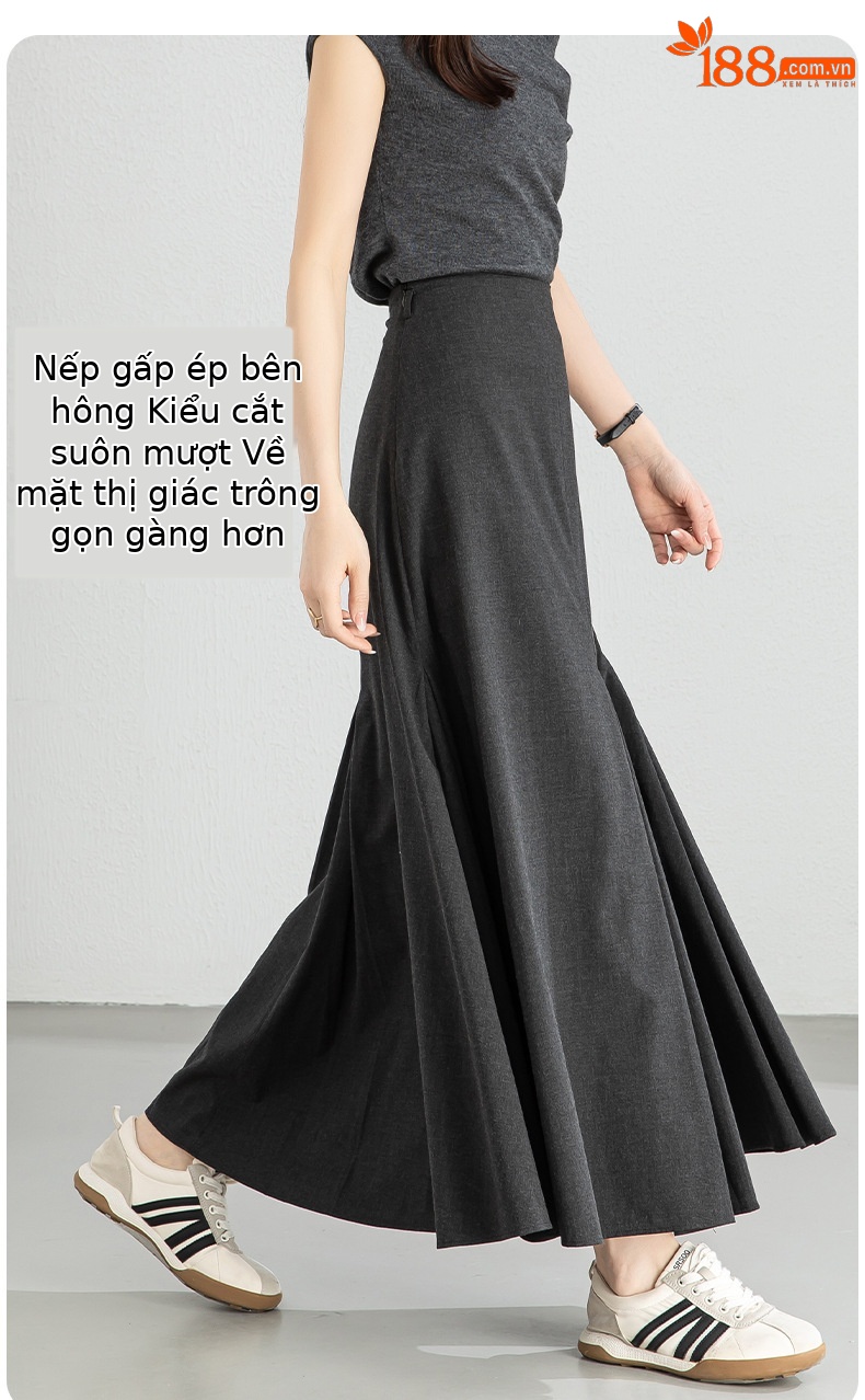 Chân váy xếp ly nữ eo cao dáng chữ A, kiểu dáng suông rộng thanh lịch — Xám cacbon chi tiết 7