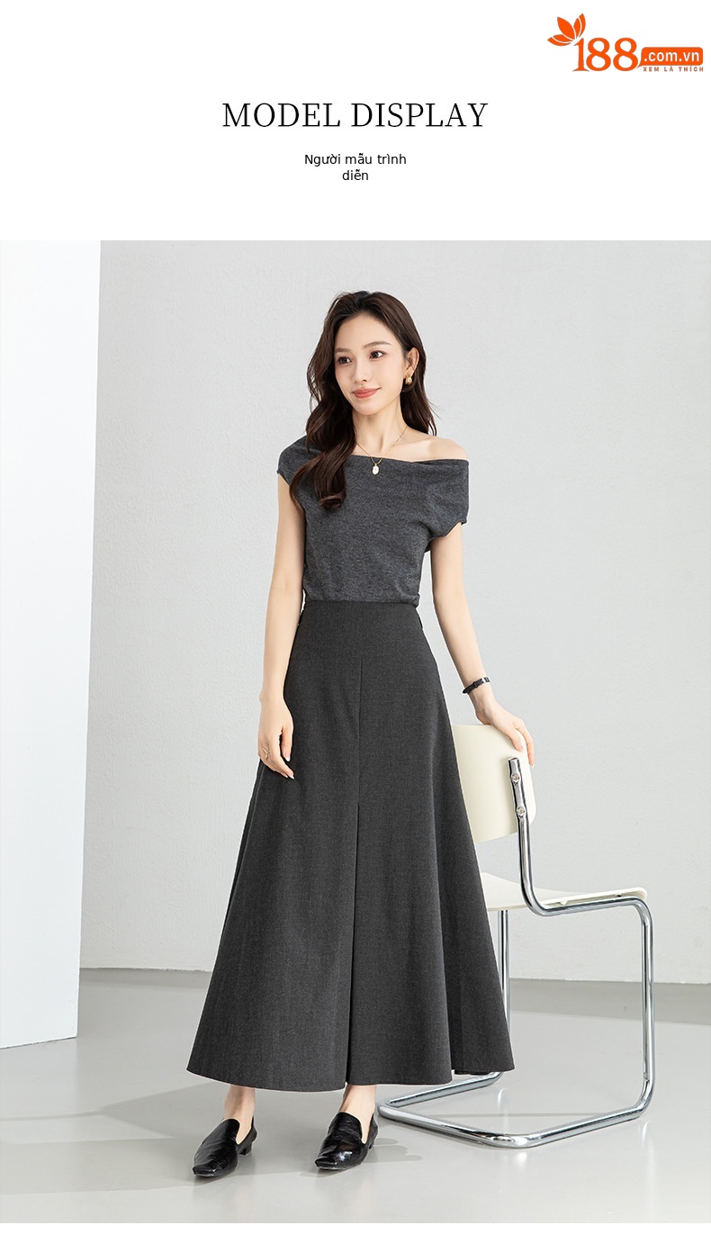 Chân váy xếp ly nữ eo cao dáng chữ A, kiểu dáng suông rộng thanh lịch — Xám cacbon chi tiết 15