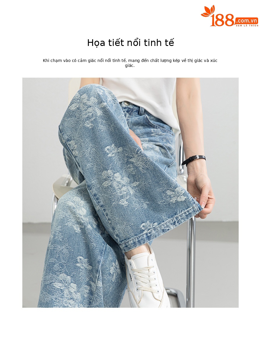 Quần jean nữ ống rộng cạp cao họa tiết jacquard kiểu Trung Hoa mới — xanh lam
