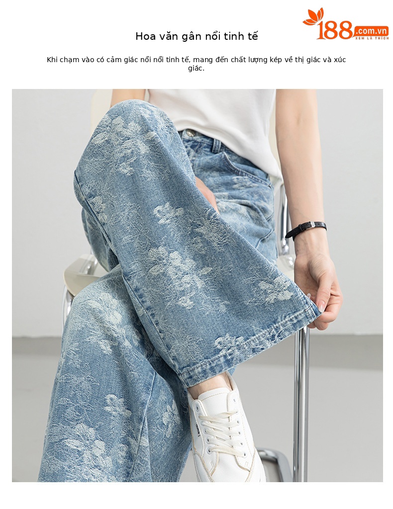 Quần jean nữ ống rộng cạp cao họa tiết jacquard kiểu Trung Hoa mới — xanh lam chi tiết 4