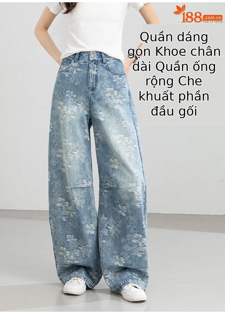 Quần jean nữ ống rộng cạp cao họa tiết jacquard kiểu Trung Hoa mới — xanh lam chi tiết 7
