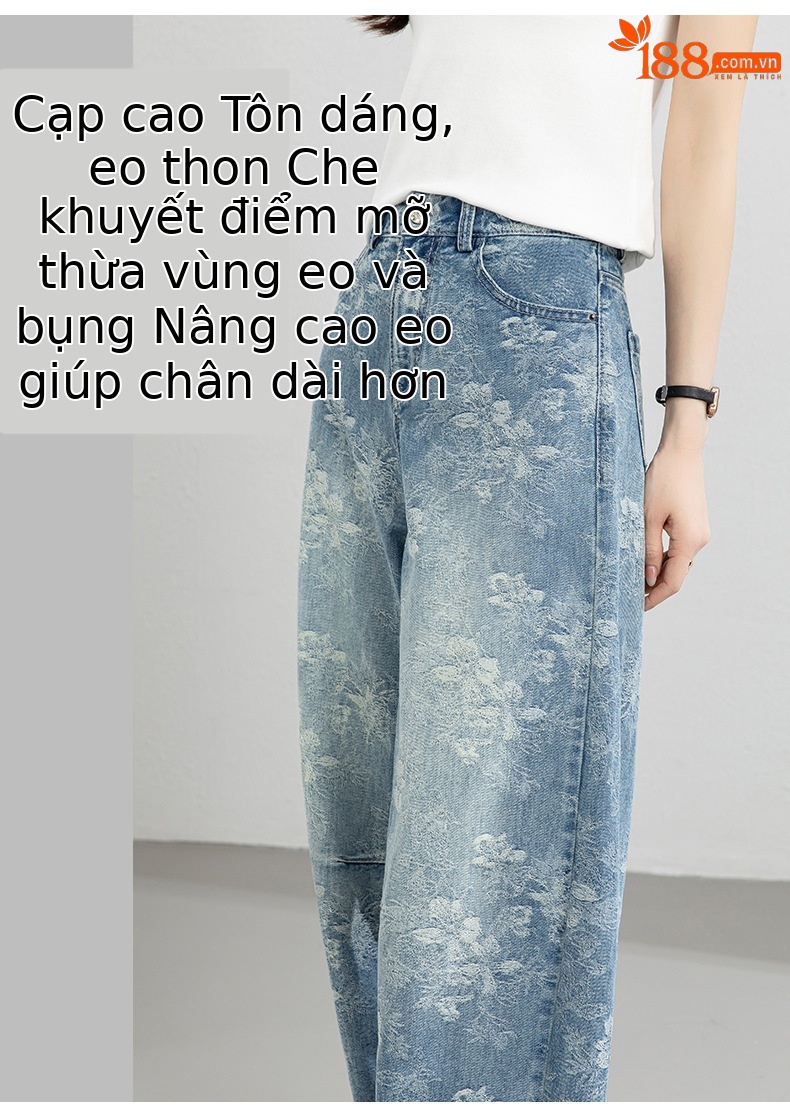 Quần jean nữ ống rộng cạp cao họa tiết jacquard kiểu Trung Hoa mới — xanh lam chi tiết 8