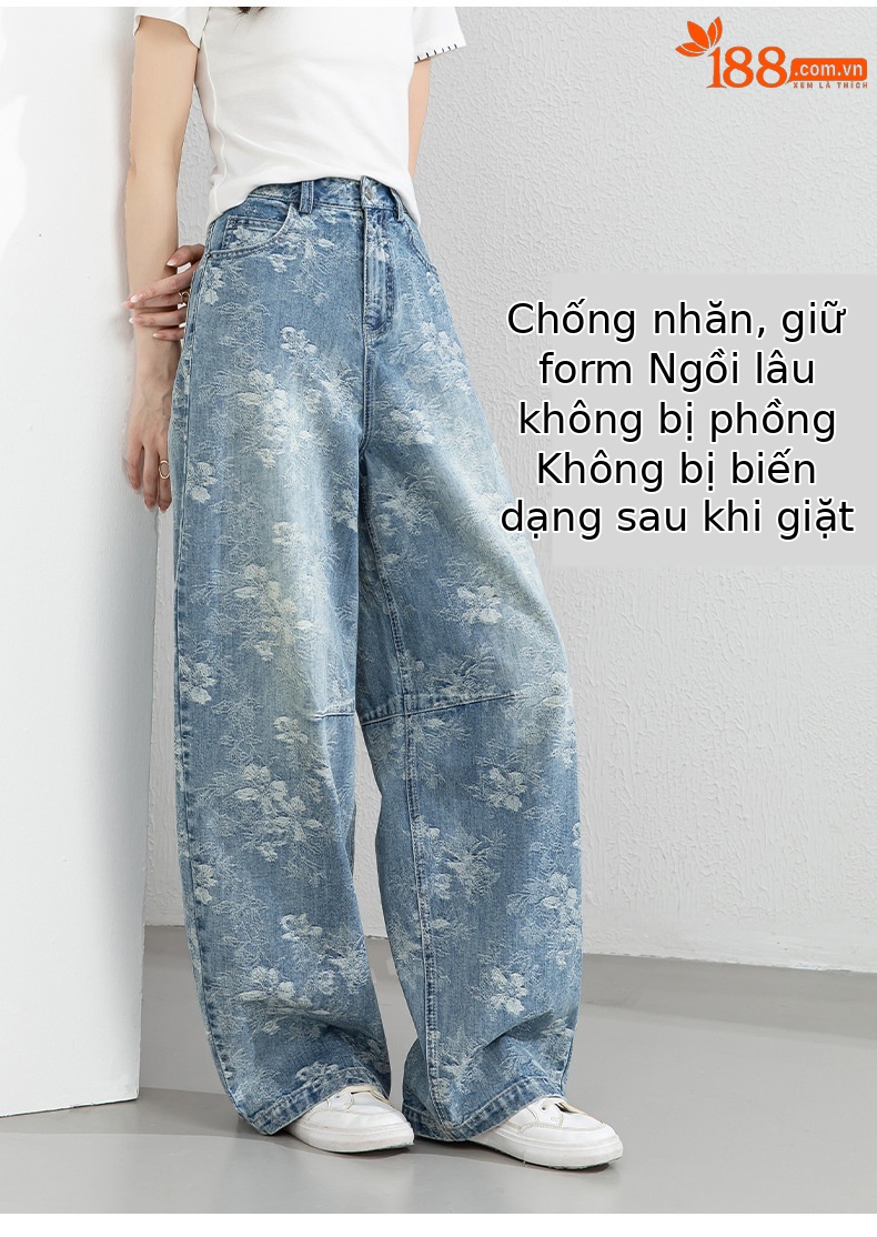 Quần jean nữ ống rộng cạp cao họa tiết jacquard kiểu Trung Hoa mới — xanh lam chi tiết 9