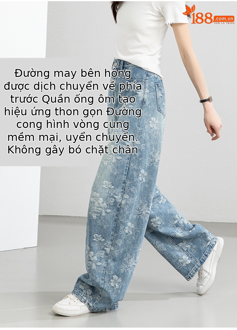 Quần jean nữ ống rộng cạp cao họa tiết jacquard kiểu Trung Hoa mới — xanh lam chi tiết 10
