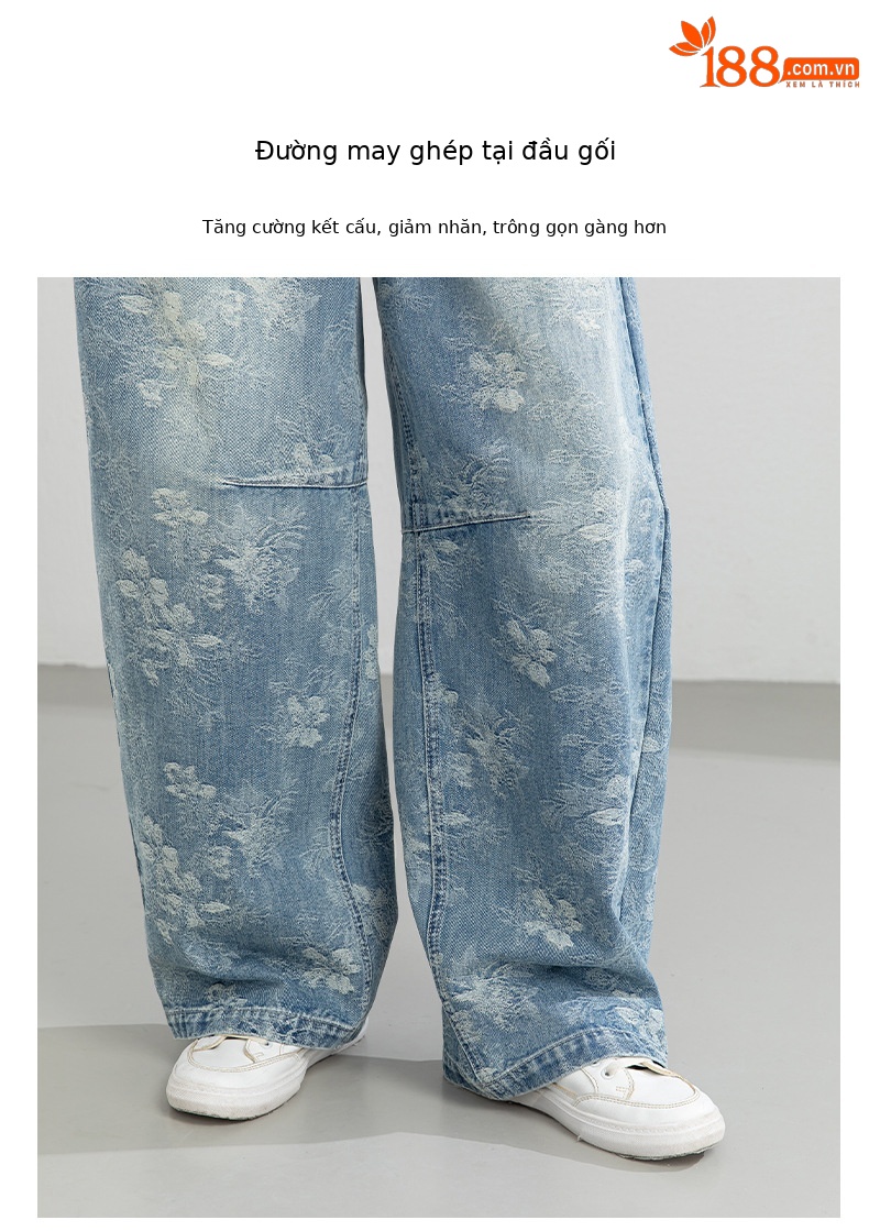 Quần jean nữ ống rộng cạp cao họa tiết jacquard kiểu Trung Hoa mới — xanh lam chi tiết 12