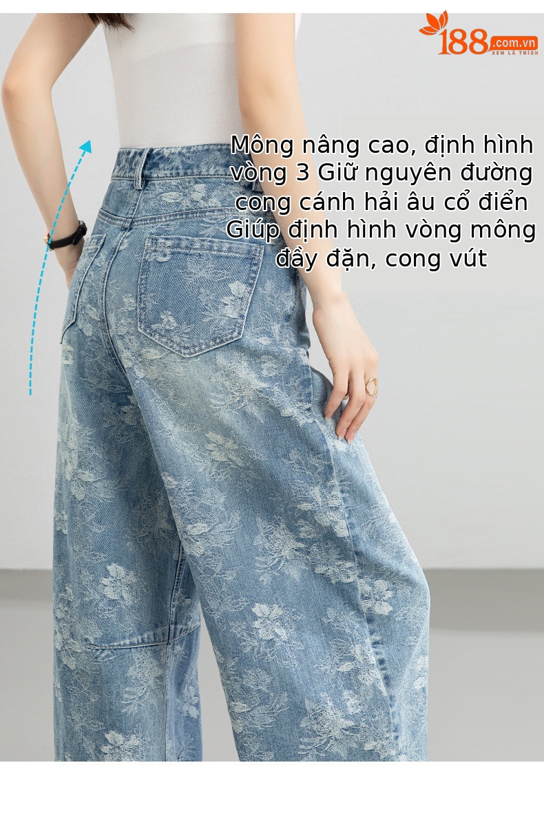 Quần jean nữ ống rộng cạp cao họa tiết jacquard kiểu Trung Hoa mới — xanh lam chi tiết 13
