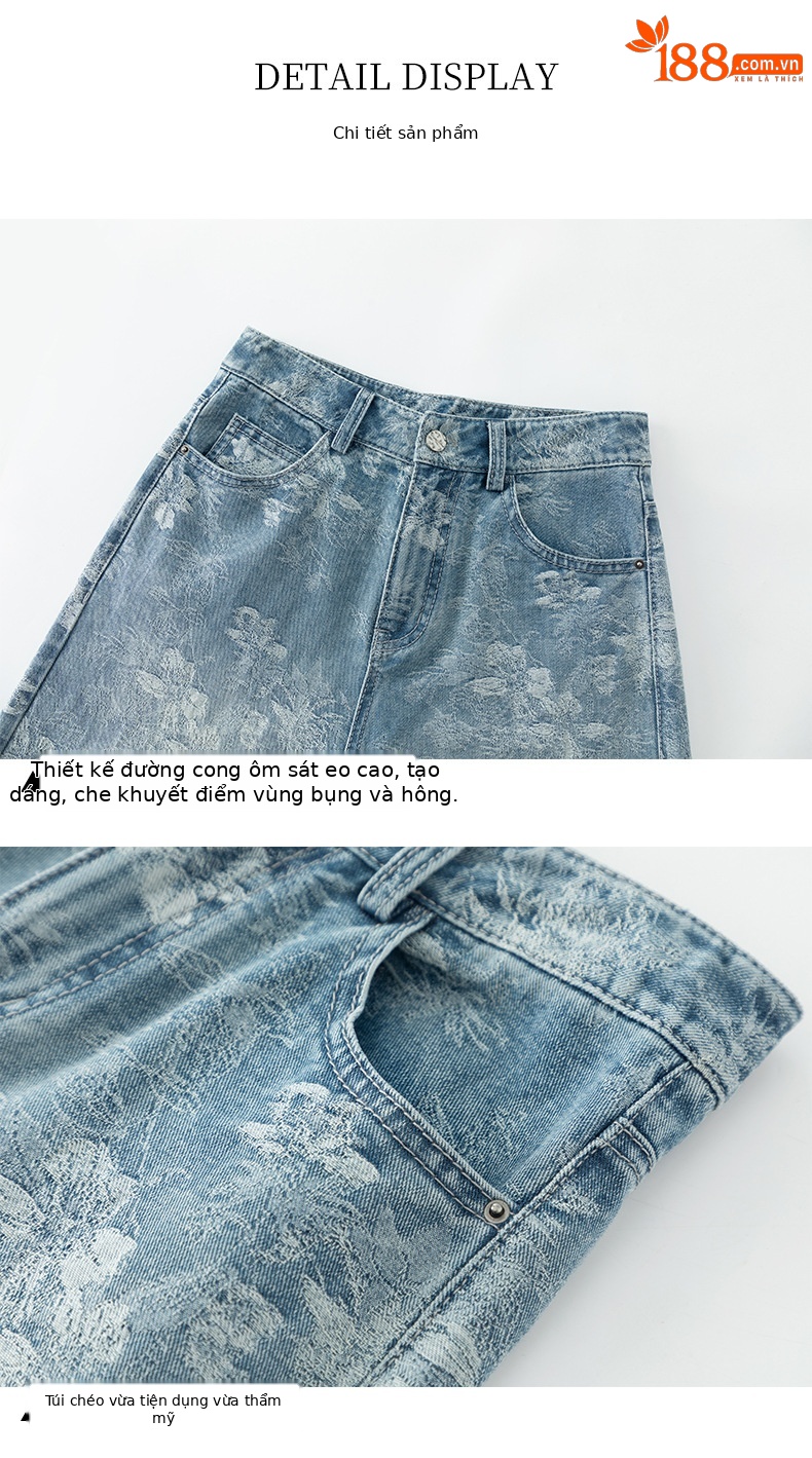 Quần jean nữ ống rộng cạp cao họa tiết jacquard kiểu Trung Hoa mới — xanh lam chi tiết 14