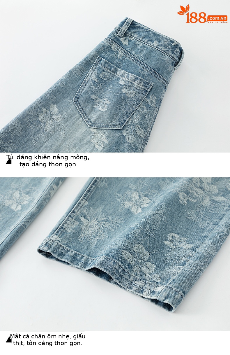 Quần jean nữ ống rộng cạp cao họa tiết jacquard kiểu Trung Hoa mới — xanh lam chi tiết 16