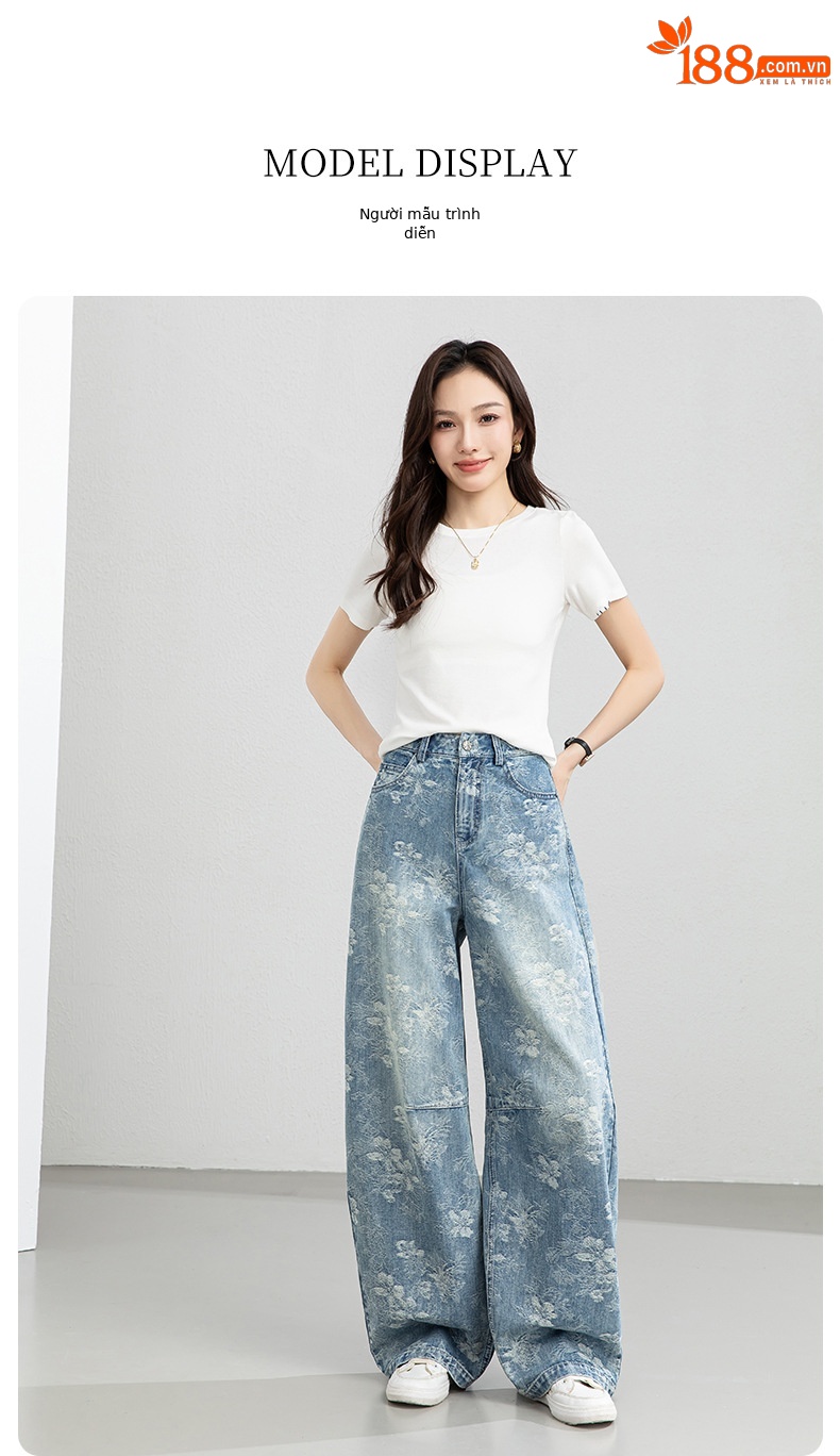 Quần jean nữ ống rộng cạp cao họa tiết jacquard kiểu Trung Hoa mới — xanh lam chi tiết 18