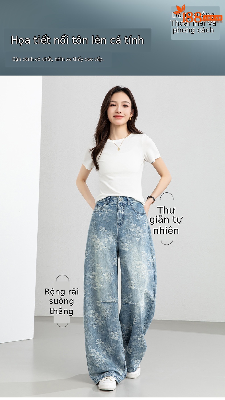 Quần jean nữ ống rộng cạp cao họa tiết jacquard kiểu Trung Hoa mới — xanh lam chi tiết 1