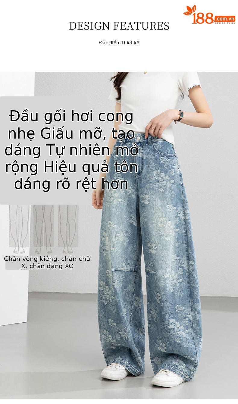 Quần jean nữ ống rộng cạp cao họa tiết jacquard kiểu Trung Hoa mới — xanh lam chi tiết 6