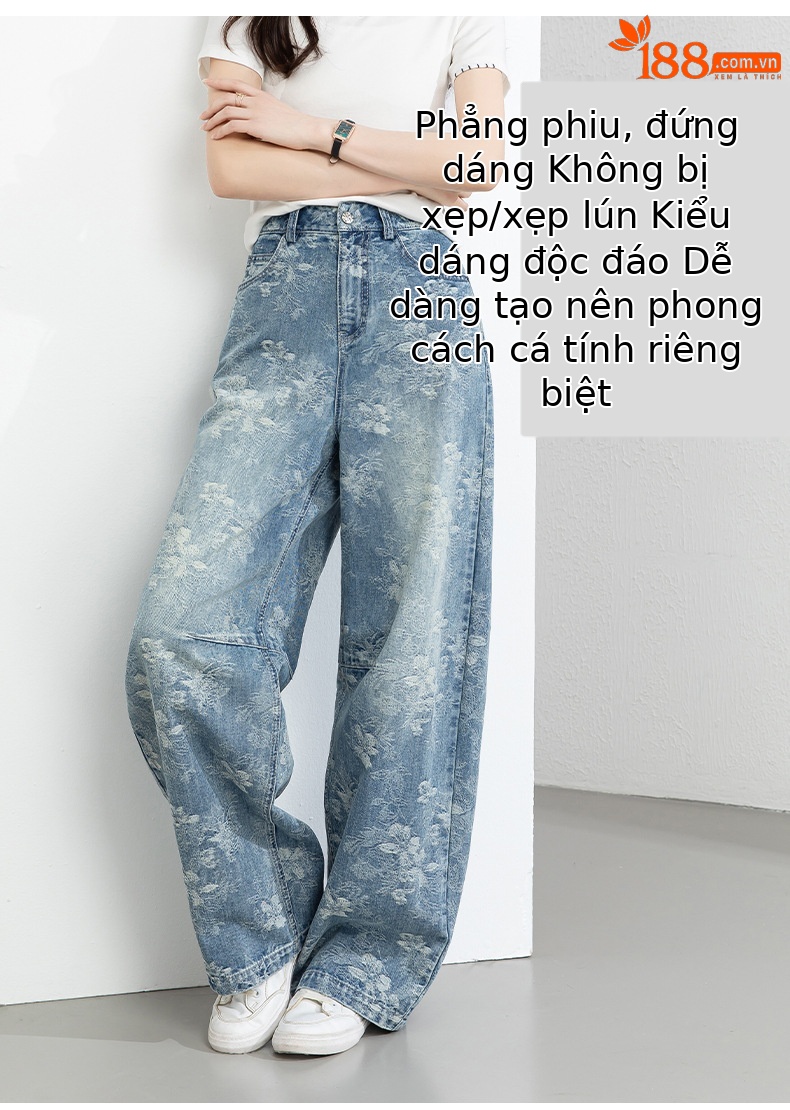 Quần jean nữ ống rộng cạp cao họa tiết jacquard kiểu Trung Hoa mới — xanh lam chi tiết 11