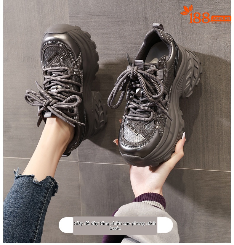 Giày sneaker nữ đế dày tăng chiều cao đính đá pha lê phong cách thể thao — màu đen chi tiết 1