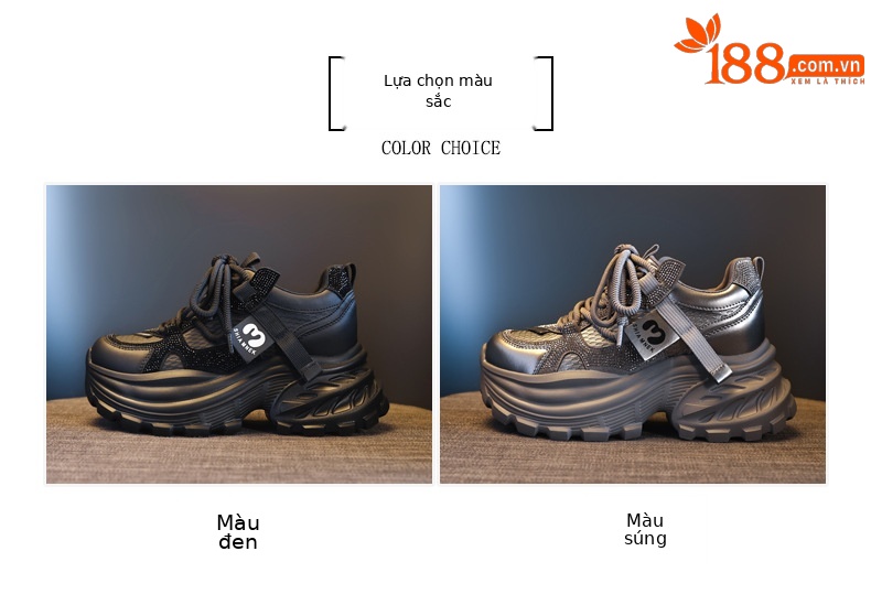 Giày sneaker nữ đế dày tăng chiều cao đính đá pha lê phong cách thể thao — màu đen chi tiết 2