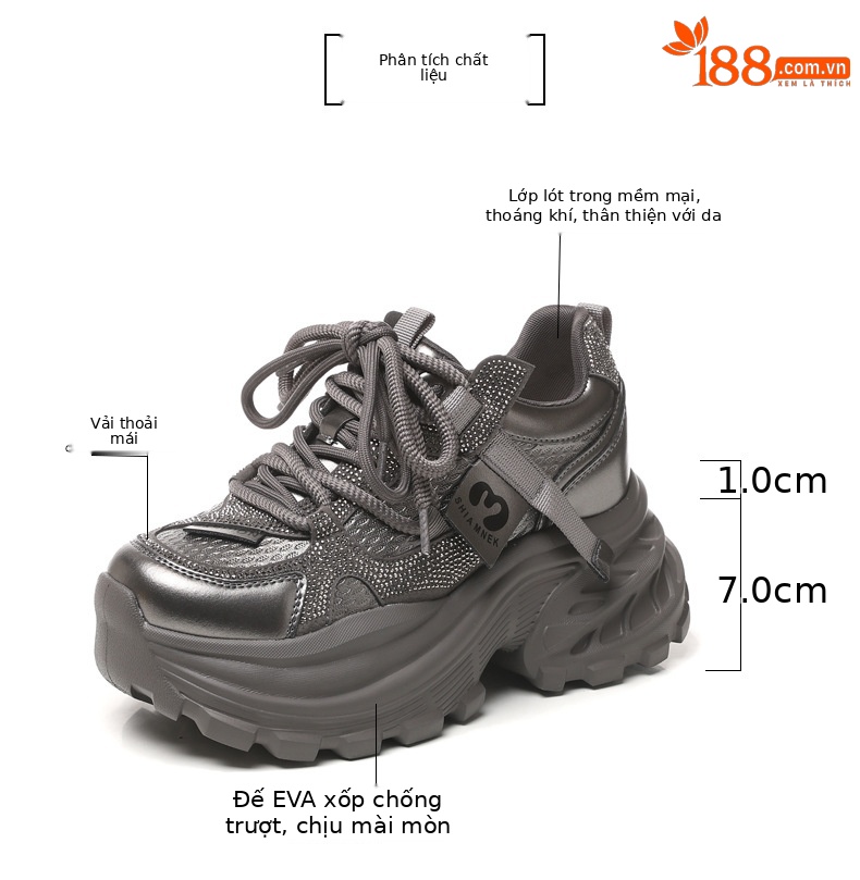 Giày sneaker nữ đế dày tăng chiều cao đính đá pha lê phong cách thể thao — màu đen chi tiết 3