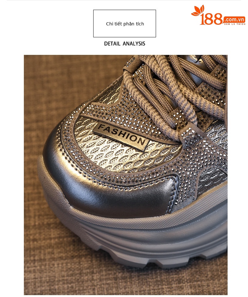 Giày sneaker nữ đế dày tăng chiều cao đính đá pha lê phong cách thể thao — màu đen chi tiết 7