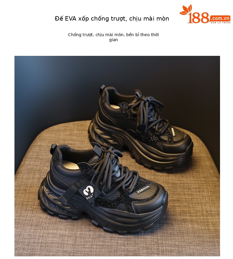 Giày sneaker nữ đế dày tăng chiều cao đính đá pha lê phong cách thể thao — màu đen chi tiết 10