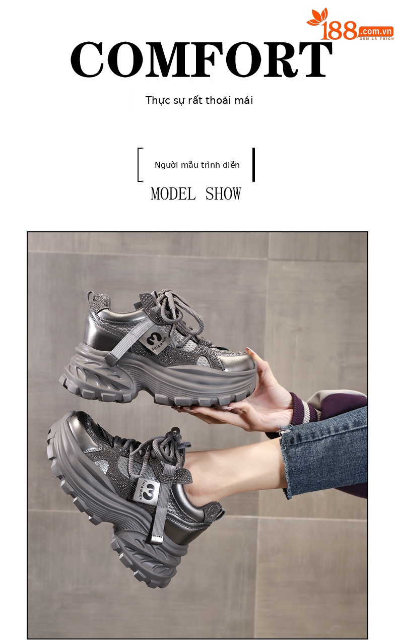 Giày sneaker nữ đế dày tăng chiều cao đính đá pha lê phong cách thể thao — màu đen chi tiết 11