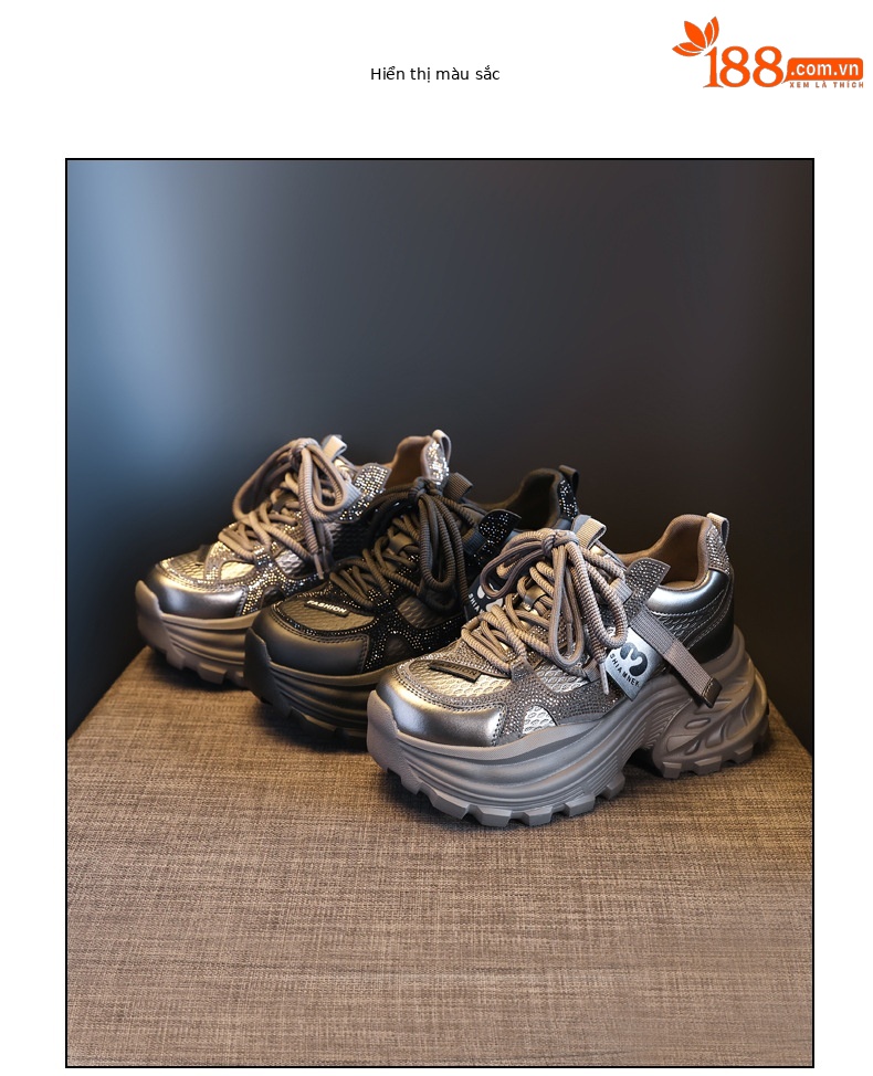 Giày sneaker nữ đế dày tăng chiều cao đính đá pha lê phong cách thể thao — màu đen chi tiết 18