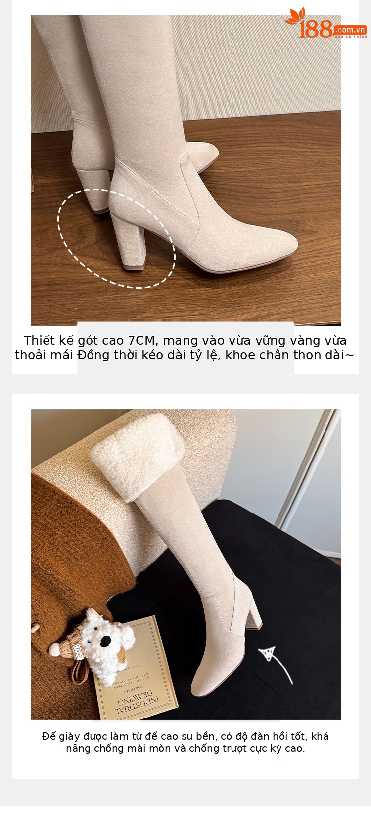 Boot nữ cổ cao ôm bắp chân lông cừu ấm, gót thô 5 cm, phong cách cưỡi ngựa — màu đen chi tiết 4