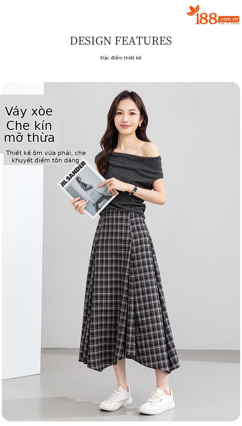 Váy chữ A eo cao đuôi cá cắt may bất quy tắc họa tiết ca rô dáng dài — Ô đen trắng chi tiết 4