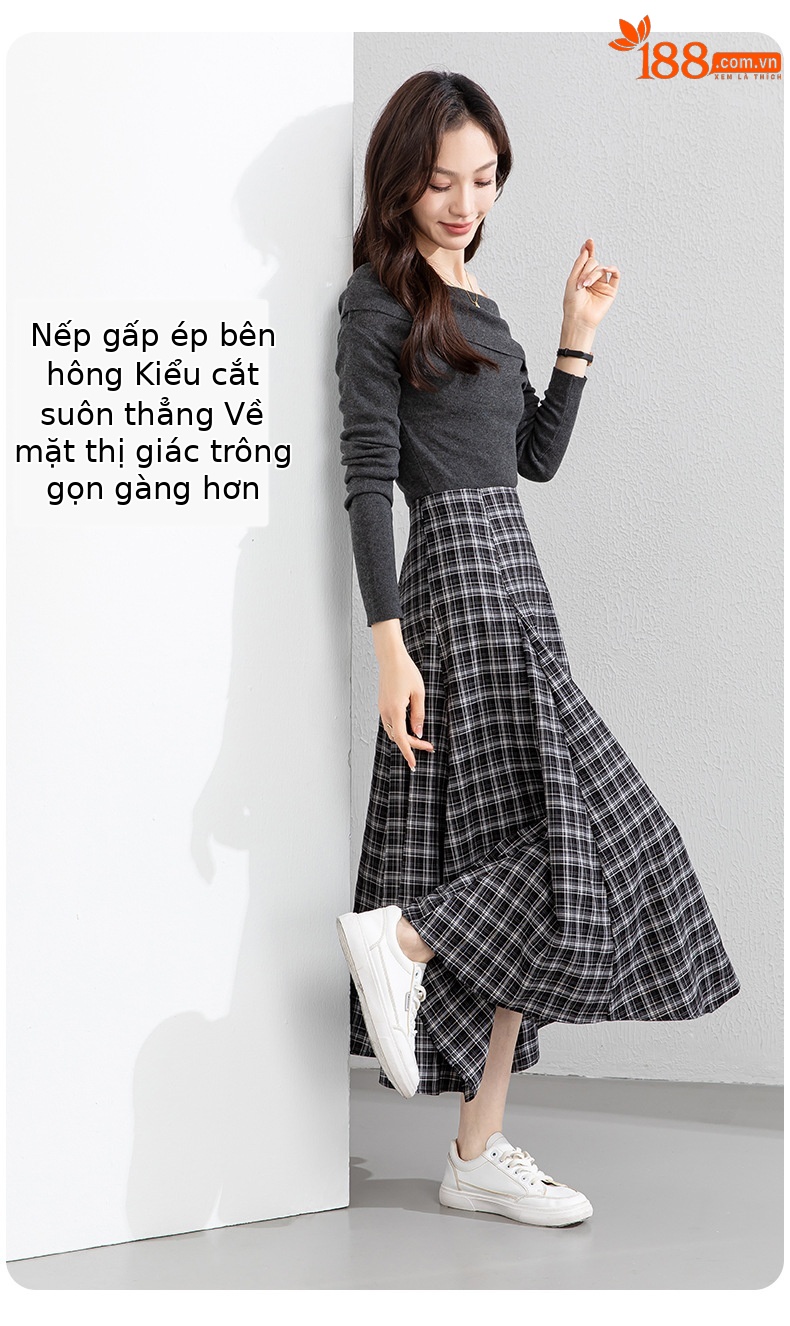 Váy chữ A eo cao đuôi cá cắt may bất quy tắc họa tiết ca rô dáng dài — Ô đen trắng chi tiết 7