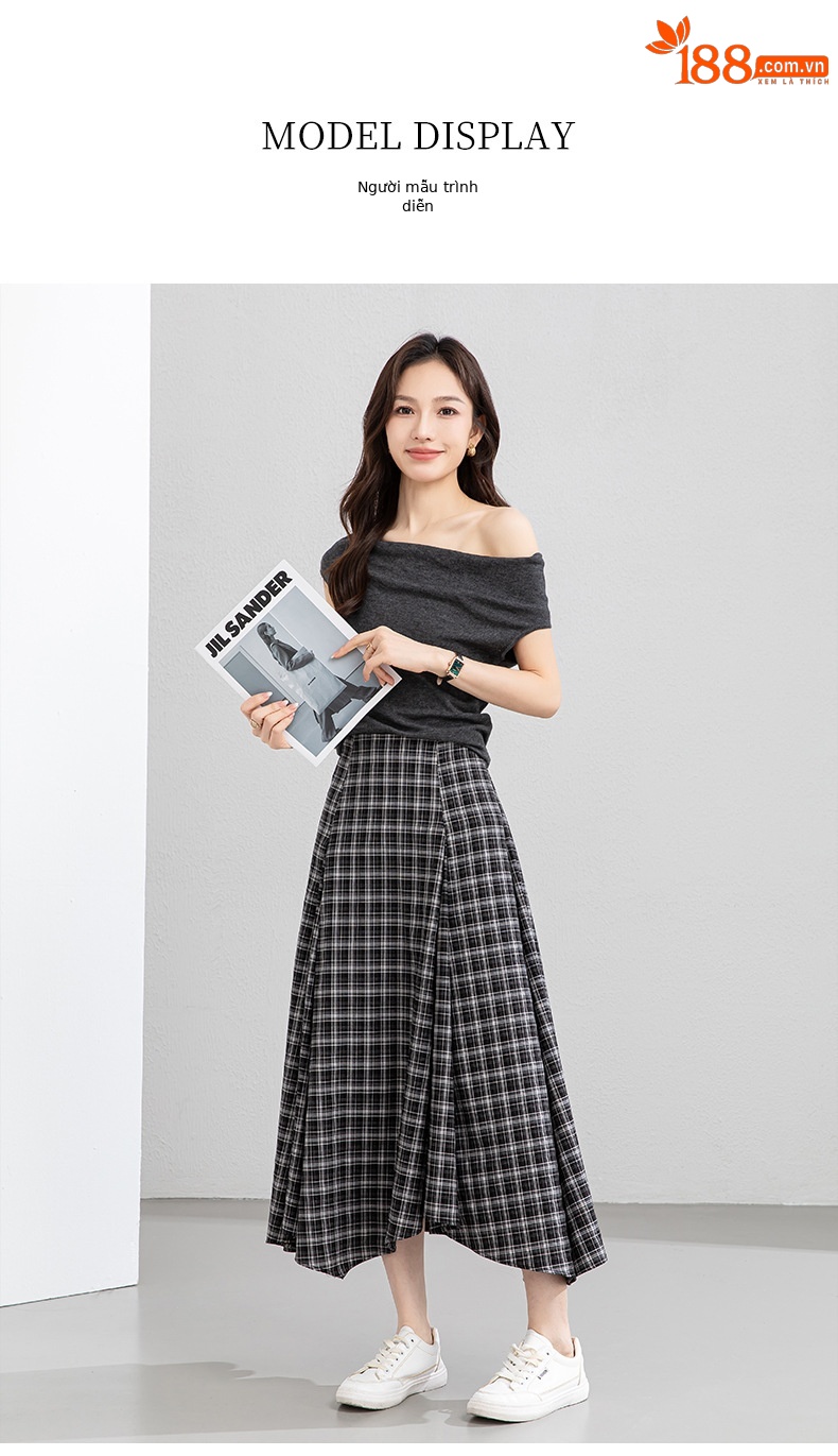 Váy chữ A eo cao đuôi cá cắt may bất quy tắc họa tiết ca rô dáng dài — Ô đen trắng chi tiết 15
