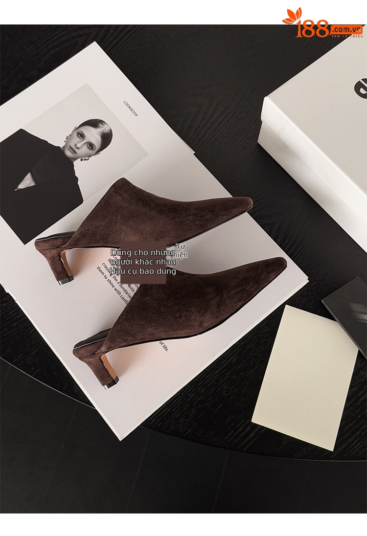 Giày mule nữ da cừu mũi vuông gót 4,5 cm, phong cách Hàn Quốc, dép nửa kéo tiện lợi — màu nâu chi tiết 20