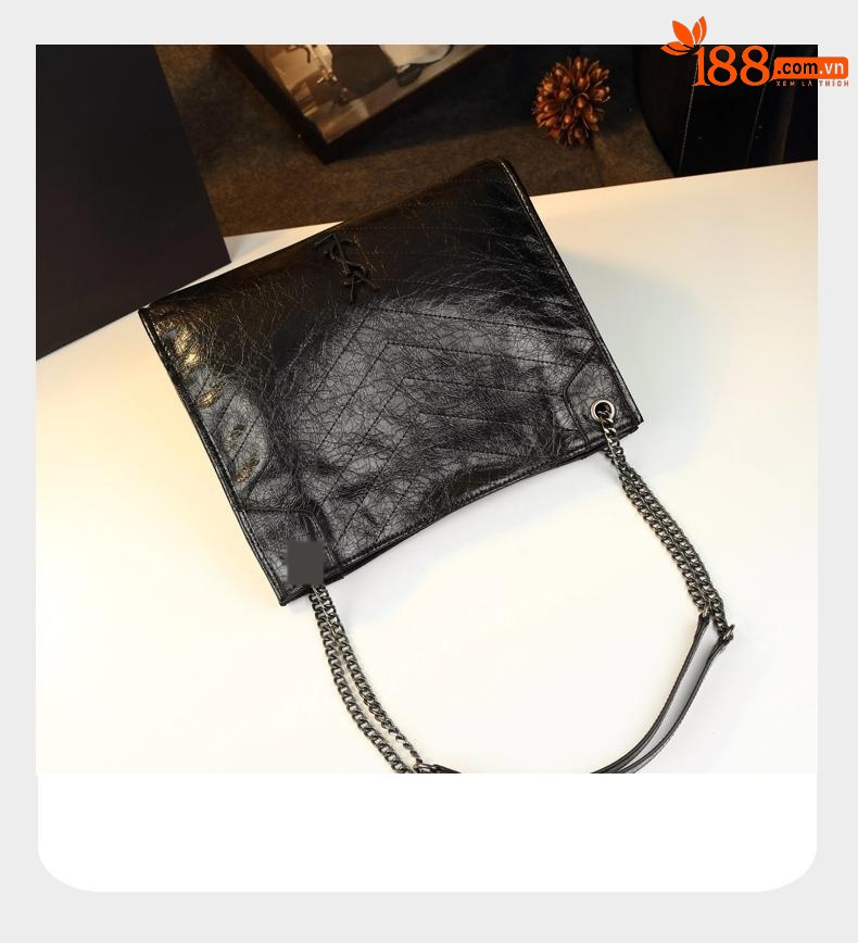 Túi đeo chéo nữ dây xích da bò dầu sáp phong cách vintage — đen, màu trắng ngà chi tiết 15
