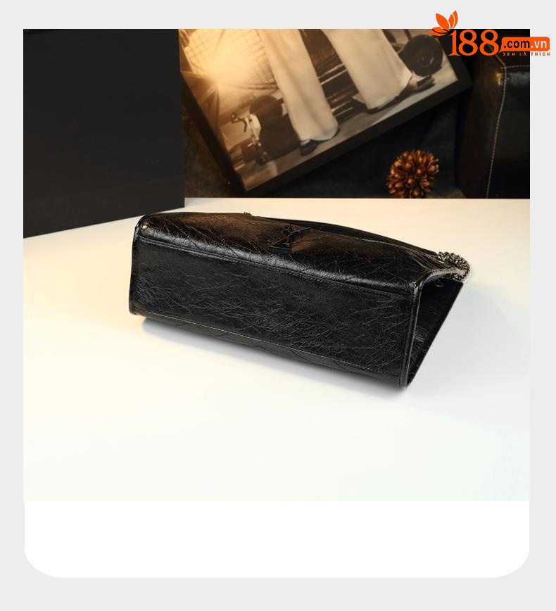 Túi đeo chéo nữ dây xích da bò dầu sáp phong cách vintage — đen, màu trắng ngà chi tiết 16