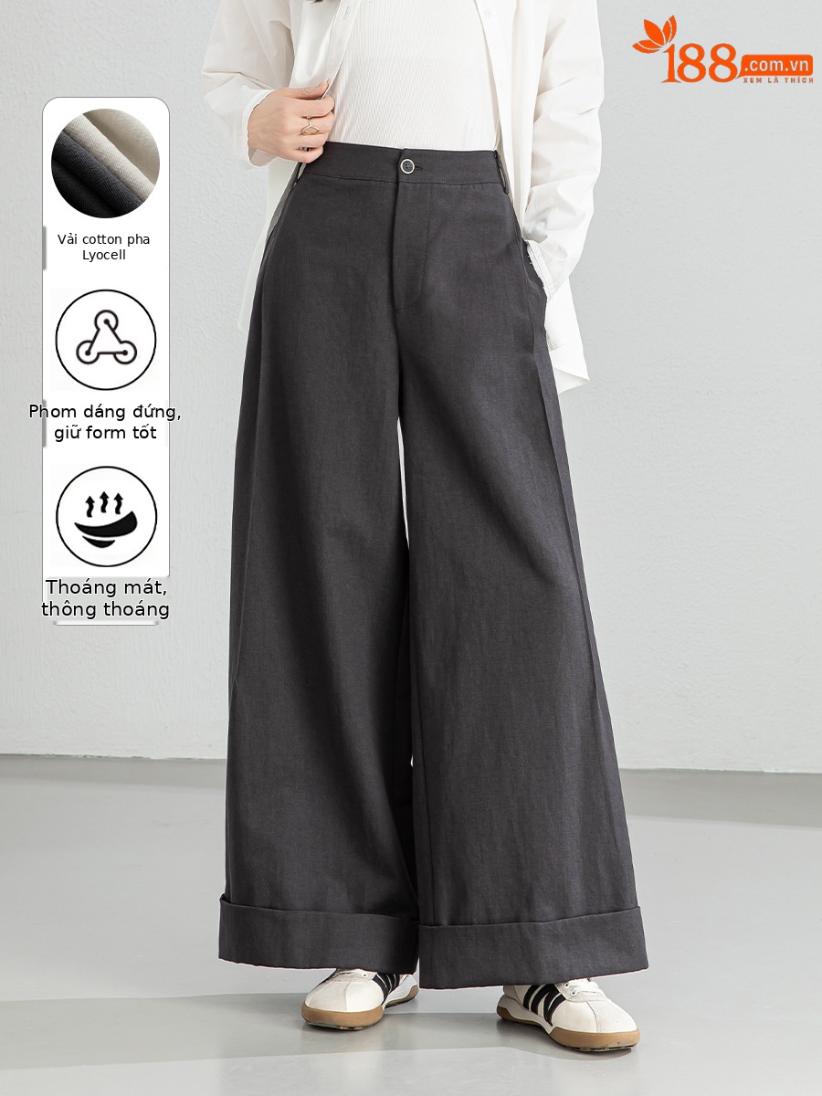 Quần culottes nữ ống rộng cạp cao chất liệu Tencel cotton, dáng suông rủ nhẹ — Xám gạo