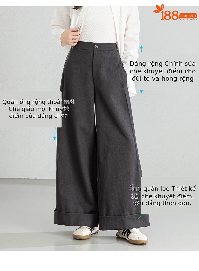 Quần culottes nữ ống rộng cạp cao chất liệu Tencel cotton, dáng suông rủ nhẹ — Xám gạo chi tiết 5