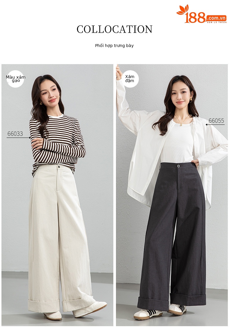 Quần culottes nữ ống rộng cạp cao chất liệu Tencel cotton, dáng suông rủ nhẹ — Xám gạo chi tiết 7
