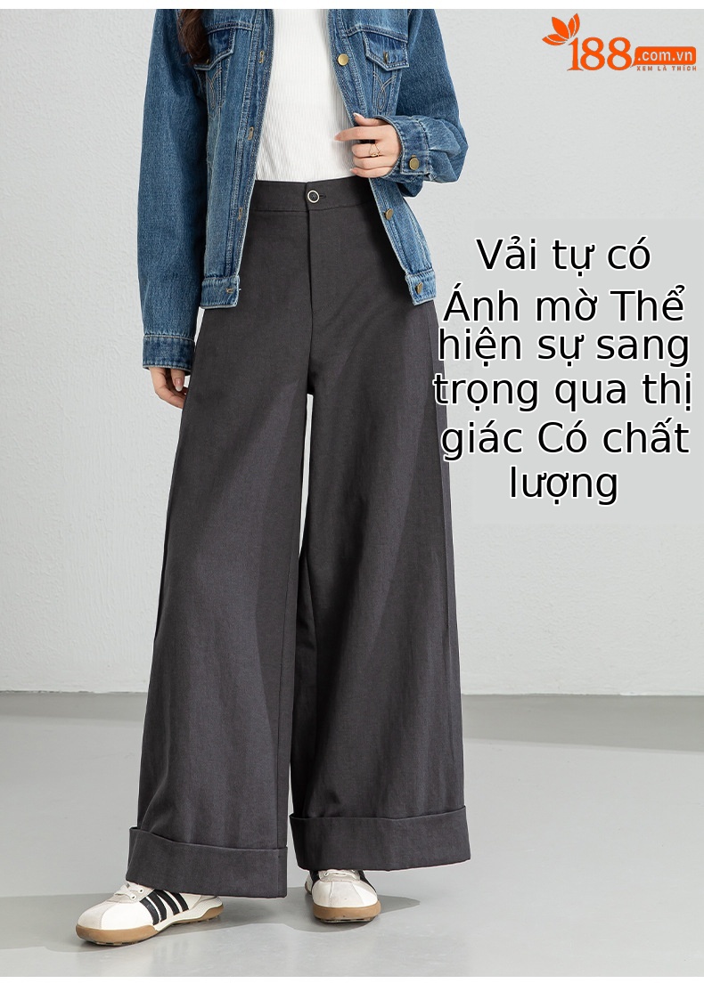 Quần culottes nữ ống rộng cạp cao chất liệu Tencel cotton, dáng suông rủ nhẹ — Xám gạo chi tiết 11