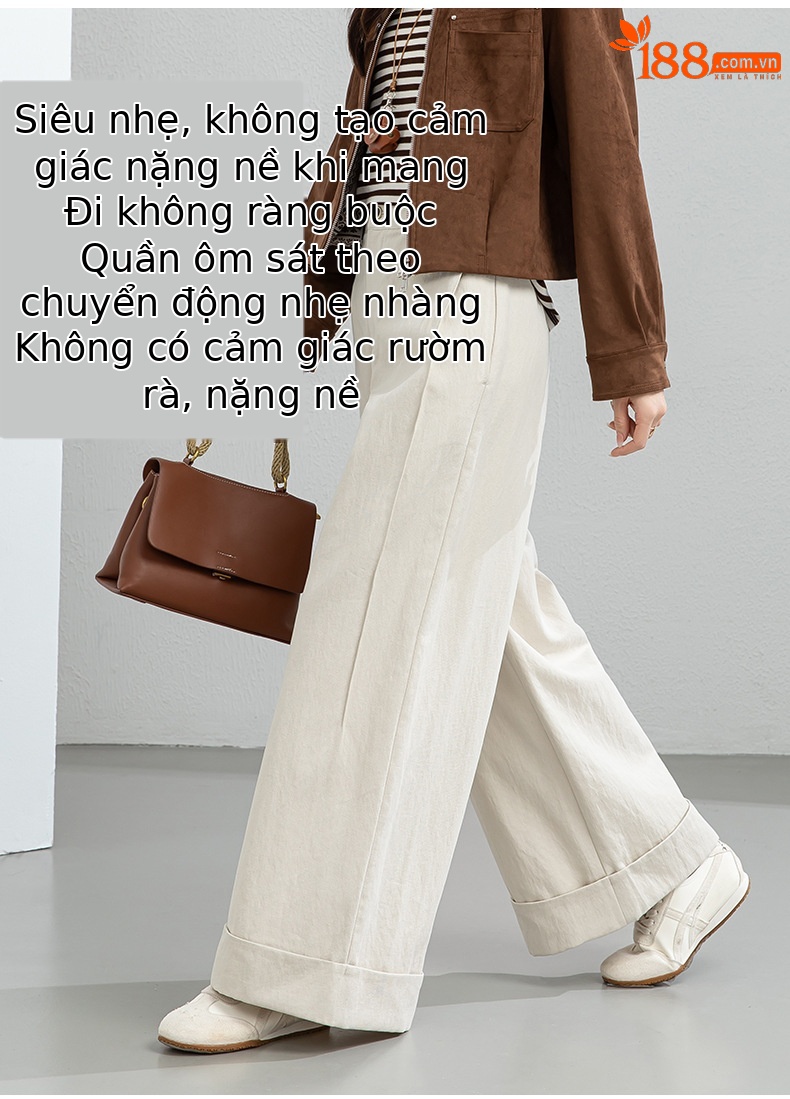 Quần culottes nữ ống rộng cạp cao chất liệu Tencel cotton, dáng suông rủ nhẹ — Xám gạo chi tiết 12