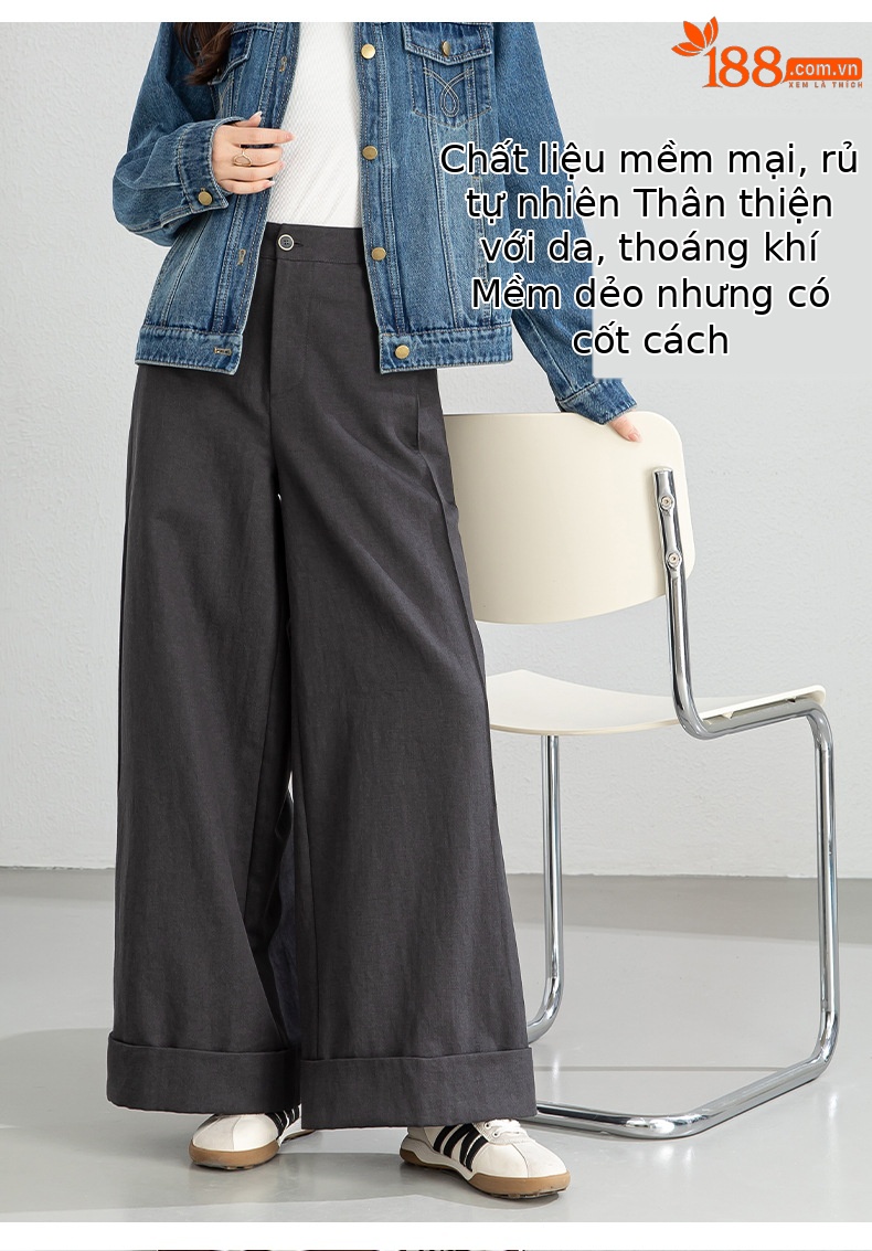 Quần culottes nữ ống rộng cạp cao chất liệu Tencel cotton, dáng suông rủ nhẹ — Xám gạo chi tiết 13